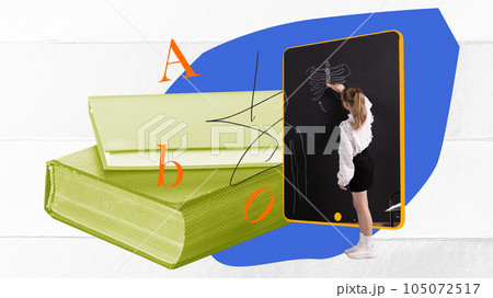 Contemporary art collage. School girl, child standing at tablet blackboard and drawing. Online lessons 105072517