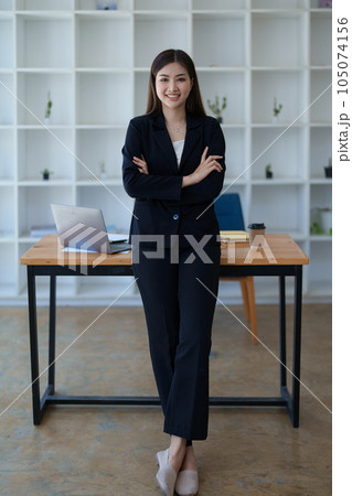 Business, finance and employment, female successful entrepreneurs concept. Confident smiling asian businesswoman, using laptop at work 105074156