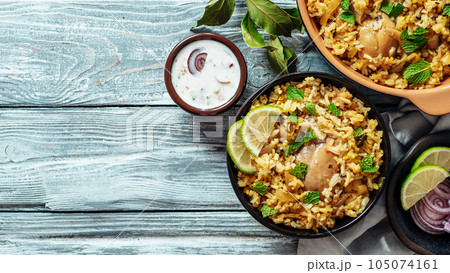 Pakistani chicken biryani rice, top view, copy space 105074161