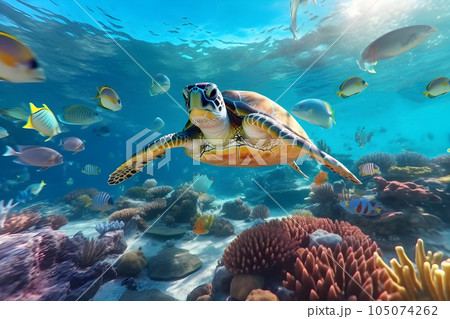 Sea turtle swimming in the ocean surroundedby beautiful coral reef and tropical fish, sunlight rays underwater, summertime, environment, biodiversity concept. Generative AI 105074262