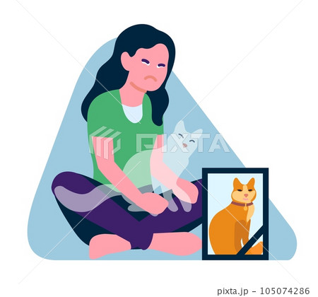 Woman is crying because she misses her dead cat. Girl mourning kitty. Pet owners despair and sadness. Memorial photo picture for deceased domestic animal. Ghost kitten. Vector concept 105074286