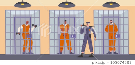 Prison detention cells. Detour of prisoners. Guard checks convicted criminals. People in jumpsuits behind bars. Serving term. Jailhouse cage. Imprisoning lawbreakers. Vector concept Prison detention cells. Detour of prisoners. Guard checks convicted criminals. People in jumpsuits behind bars. Serving term. Jailhouse cage. Imprisoning lawbreakers. Vector concept 105074305