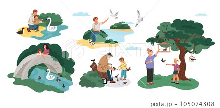 People feed birds. Happy parents and kids pour grains to pigeons and sparrows. Park pond with ducks. Persons give crumbs to seagulls and swans. Grandparent with child. Garish vector set People feed birds. Happy parents and kids pour grains to pigeons and sparrows. Park pond with ducks. Persons give crumbs to seagulls and swans. Grandparent with child. Garish vector set 105074308