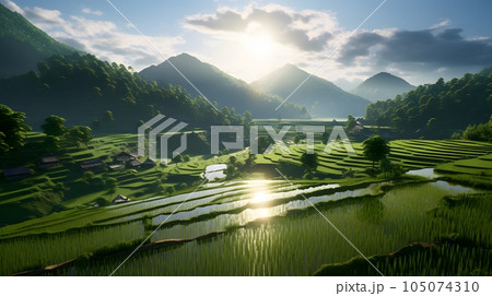 田んぼ、日本、田舎、畑、お茶畑、段々畑、逆光森、generative AI 105074310