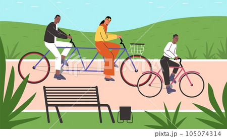 Multiethnic family activity. Multiracial couple with son riding bikes in park. Outdoor sportive pastime in nature. Parents with kids on bicycles. Indians or Africans people. Vector concept 105074314