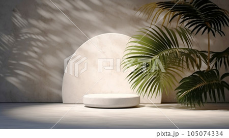 White marble stone pedestal showcase mock up and palm leaves with sunlight and shadow, realistic podium with tropical tree, minimal backdrop. Generative AI 105074334