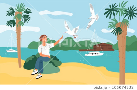 Happy guy feeds seagulls at beach. Summer sea relax. Man gives food to birds. Yachts and palm trees. Ocean shore. Person feeding gulls at seashore. Marine vacation. Garish vector concept 105074335