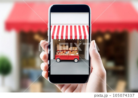 Woman's hand holding smartphone using online shopping app selling product, e-commerce, online marketing, social media concept. Generative AI 105074337