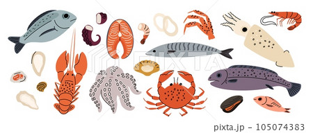 Cartoon sea food products. Ocean meal. Prawns or crabs. Marine fish. Fresh shellfish. Lobster and oyster mollusk. Cooking delicatessen ingredients. Seafood vitamins. Garish vector set Cartoon sea food products. Ocean meal. Prawns or crabs. Marine fish. Fresh shellfish. Lobster and oyster mollusk. Cooking delicatessen ingredients. Seafood vitamins. Garish vector set 105074383