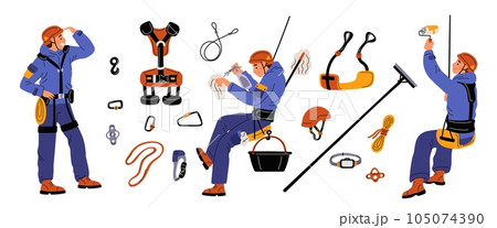 Cartoon industrial climbing elements. High altitude work equipment. Cable and winch. People in uniform with helmets. Painter and window cleaner. Steeplejack tools. Garish vector set 105074390