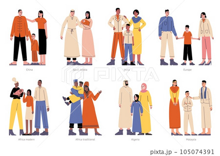 Cartoon different nationalities families. Traditional dresses and costumes. Parents with children. Ethnic clothes. Mother and father standing with kids. National clothing vector set 105074391