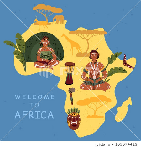 Cartoon African map. Welcome to Africa. Tribe people characters. Aborigine hunters. Cultural and traditional elements. Animals and plants. Indigenous woman in hut. Garish vector concept Cartoon African map. Welcome to Africa. Tribe people characters. Aborigine hunters. Cultural and traditional elements. Animals and plants. Indigenous woman in hut. Garish vector concept 105074419
