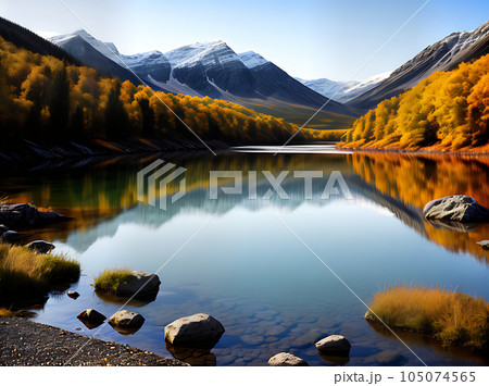 serene lake autumn hues in watercolour 105074565