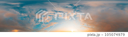 Sunset sky panorama with bright glowing pink Cumulus clouds. HDR 360 seamless spherical panorama. Full zenith or sky dome in 3D, sky replacement for aerial drone panoramas. Climate and weather change. 105074979