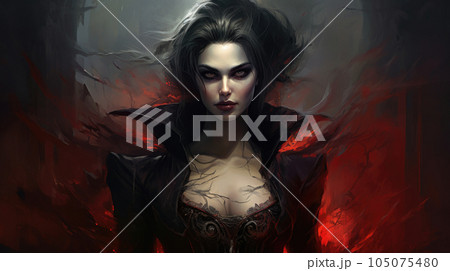 An alluring woman, a fusion of vampire and magician, possessing a haunting beauty and utilizing a mix of dark sorcery and supernatural abilities in a captivating dark fantasy world. AI generated 105075480