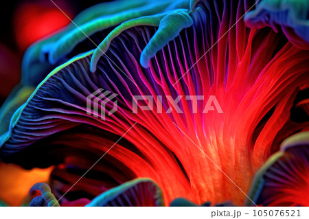 Extreme close up of mushrooms in the rays of the neon 105076521