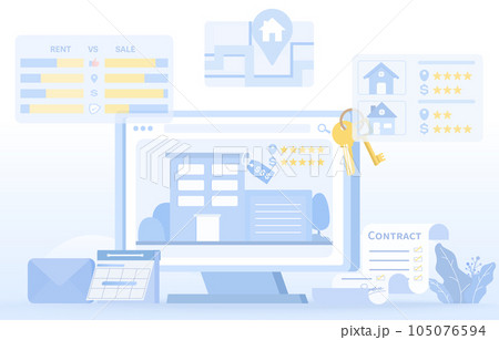 The concept of property investment, real estate, or mortgage. Search, explore, compare home or apartment real estate by price, location and rating from online platforms. Flat vector illustration. The concept of property investment, real estate, or mortgage. Search, explore, compare home or apartment real estate by price, location and rating from online platforms. Flat vector illustration. 105076594