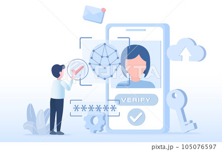 Safety and security technology concept. Protect personal detail, face scan, password protection, sensitive data from cyber attack and other online threats. Flat vector design illustration. Safety and security technology concept. Protect personal detail, face scan, password protection, sensitive data from cyber attack and other online threats. Flat vector design illustration. 105076597