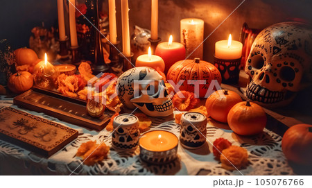 Mexican holiday Dia de Muertos. Traditional table with candles, flowers, sugar skulls, Day of Dead offering 105076766