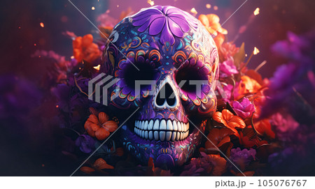 Colorful skull on bright purple background for Day of the Dead, sugar skull decorated flowers, Dia de Muertos 105076767