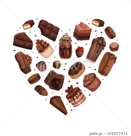 Chocolate Dessert Food Heart Composition Design with Sweet Pastry Vector Template 105077421