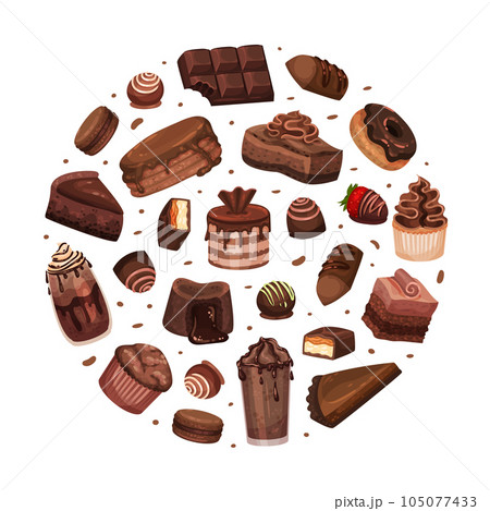 Chocolate Dessert Round Composition Design with Sweet Pastry Vector Template 105077433
