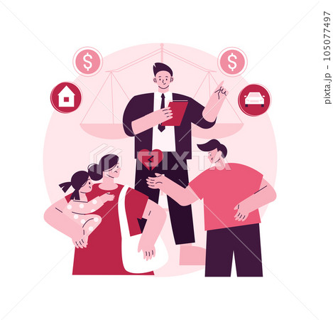 Matrimonial law abstract concept vector illustration. Family law, matrimonial property, child custody, divorce decree, scales of justice, sign document, judges gavel, agreement abstract metaphor. 105077497