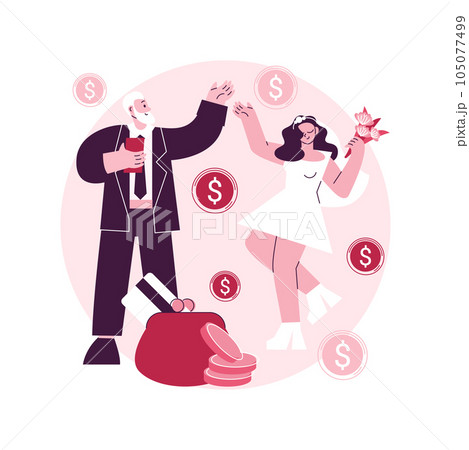 Marriage of convenience abstract concept vector illustration. Political marriage, financial motivation, old rich husband, wedding rings, dollar banknotes, take money from senior abstract metaphor. Marriage of convenience abstract concept vector illustration. Political marriage, financial motivation, old rich husband, wedding rings, dollar banknotes, take money from senior abstract metaphor. 105077499