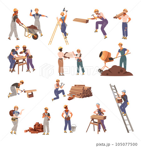 Man and Woman Builder Character Engaged in Construction Work Big Vector Set Man and Woman Builder Character Engaged in Construction Work Big Vector Set 105077500