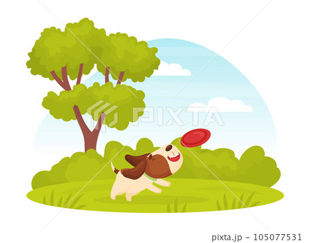 Cartoon Beagle Dog Character Play Frisbee on Green Lawn Vector Illustration Cartoon Beagle Dog Character Play Frisbee on Green Lawn Vector Illustration 105077531