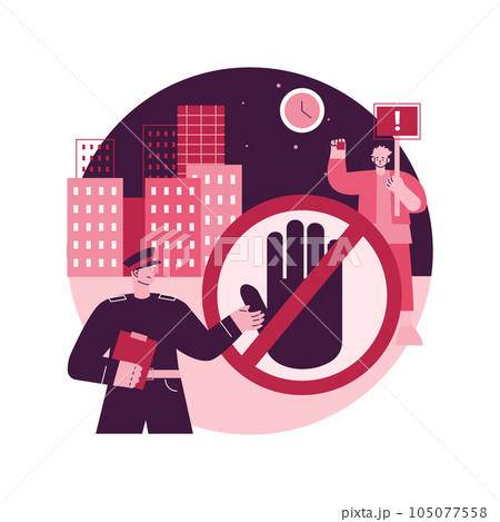 Curfew abstract concept vector illustration. Public protest, demonstration, mass unrest, street crowd, meeting, vandalism and looting, stay home restriction rule violation abstract metaphor. Curfew abstract concept vector illustration. Public protest, demonstration, mass unrest, street crowd, meeting, vandalism and looting, stay home restriction rule violation abstract metaphor. 105077558