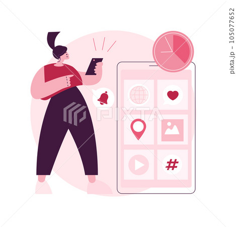 FOMO abstract concept vector illustration. Fear of missing out, social anxiety, having fun, stay connected, social interaction, internet use, psychological health and well-being abstract metaphor. 105077652