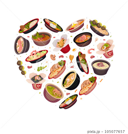 Asian Food and Cuisine Heart Shaped Composition Design with Served Dish Vector Template Asian Food and Cuisine Heart Shaped Composition Design with Served Dish Vector Template 105077657