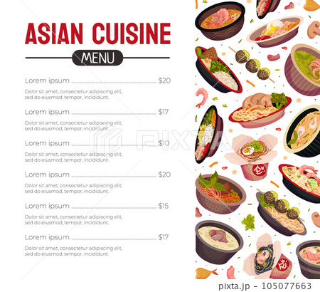 Asian Food and Cuisine Menu Banner Design with Served Dish Vector Template 105077663