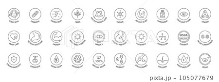 Vitamin and supplement line icon set. Natural probiotic, protein, mineral sign for packaging. Healthy food. Organic, bio, vegan product label. Detox diet badges. Nutrition sign. Vector illustration Vitamin and supplement line icon set. Natural probiotic, protein, mineral sign for packaging. Healthy food. Organic, bio, vegan product label. Detox diet badges. Nutrition sign. Vector illustration 105077679