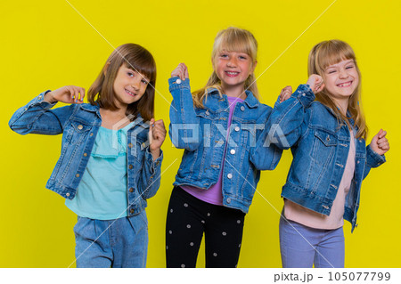 Excited happy teenage girls winning prize celebrate birthday, little child sisters celebrate success 105077799