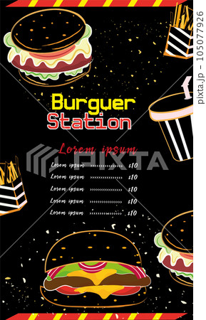 Colored fast food menu with different burger items Vector 105077926