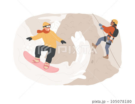 Extreme tourism isolated concept vector illustration. Extreme sports, shock tourism, adrenalin event, dangerous place, ski and snowboard, thrill-seekers, climbing mountains vector concept. 105078180