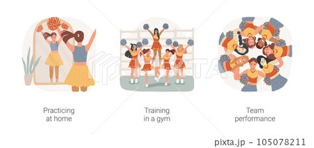 Cheerleading isolated cartoon vector illustration set. Teenage cheerleader practicing at home, girls training at gym, team performance, sport match support, competitive spirit vector cartoon. 105078211