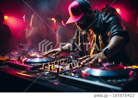 DJ working spinning turntable records at night club party. Generative AI illustration 105078422