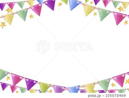 Happy birthday card with multicolor ribbons, star shaped confetti. Frame of holiday garlands of flags isolated on white background. Space for text. Watercolor illustration for greeting cards 105078469