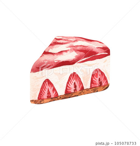 Watercolor dessert, piece of cheesecake with fresh strawberries. Hand-drawn illustration isolated on white background. Perfect food menu, food drawing, design packing, print 105078733