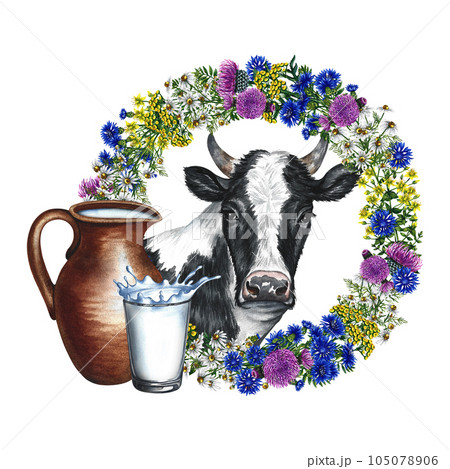 Portrait of a cow and a wreath of wild flowers. Ceramic jug and glass of milk. Watercolor hand drawn illustration. Isolate. For the design of dairy and farm products, labels and packaging. 105078906