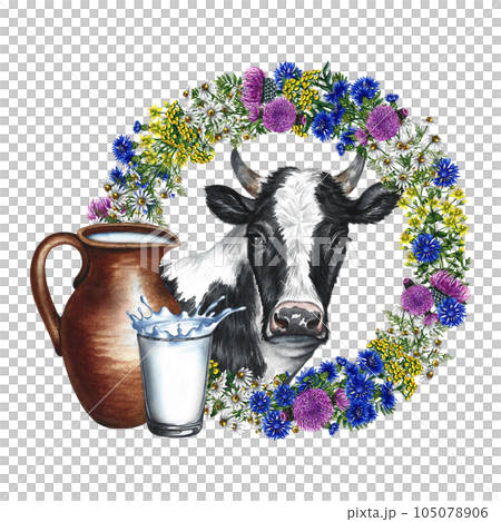 Portrait of a cow and a wreath of wild flowers. Ceramic jug and glass of milk. Watercolor hand drawn illustration. Isolate. For the design of dairy and farm products, labels and packaging. Portrait of a cow and a wreath of wild flowers. Ceramic jug and glass of milk. Watercolor hand drawn illustration. Isolate. For the design of dairy and farm products, labels and packaging. 105078906