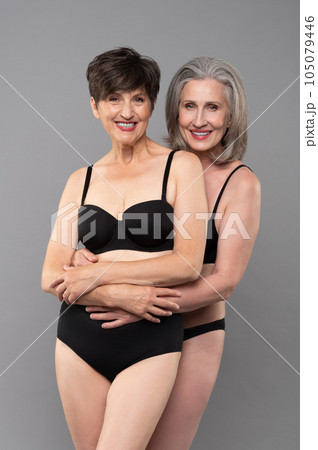 Senior women in black bra and panties standing - Stock Photo [105079441]  - PIXTA