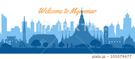 Myanmar famous landmark  in cityscape scene silhouette style front of towers 105079477