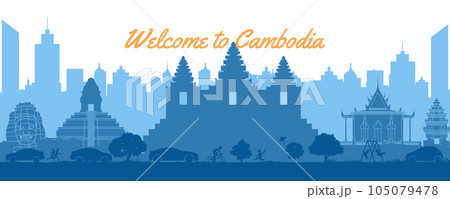 Cambodia famous landmark in cityscape scene silhouette style front of towers Cambodia famous landmark in cityscape scene silhouette style front of towers 105079478