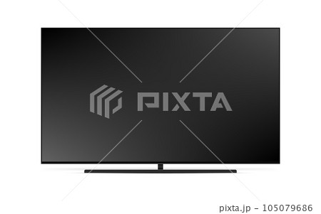 Realistic illustration of black TV with stand. 4K flat screen lcd or oled, plasma Realistic illustration of black TV with stand. 4K flat screen lcd or oled, plasma 105079686