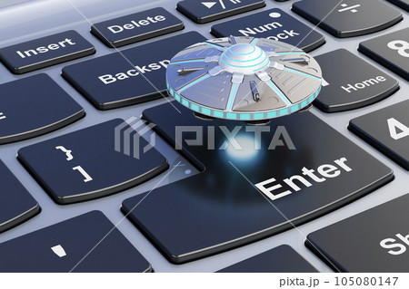 UFO on laptop keyboard. 3D rendering 105080147