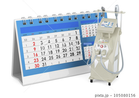Professional Laser Tattoo Removal Machine with desk calendar. 3D rendering Professional Laser Tattoo Removal Machine with desk calendar. 3D rendering 105080156